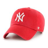 47 brand Yankees front view showing raised embroidered logo and crisp red cotton twill for instant team style