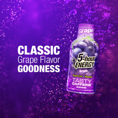 5-hour ENERGY detalle de la botella Grape que resalta diseño portátil y sellado