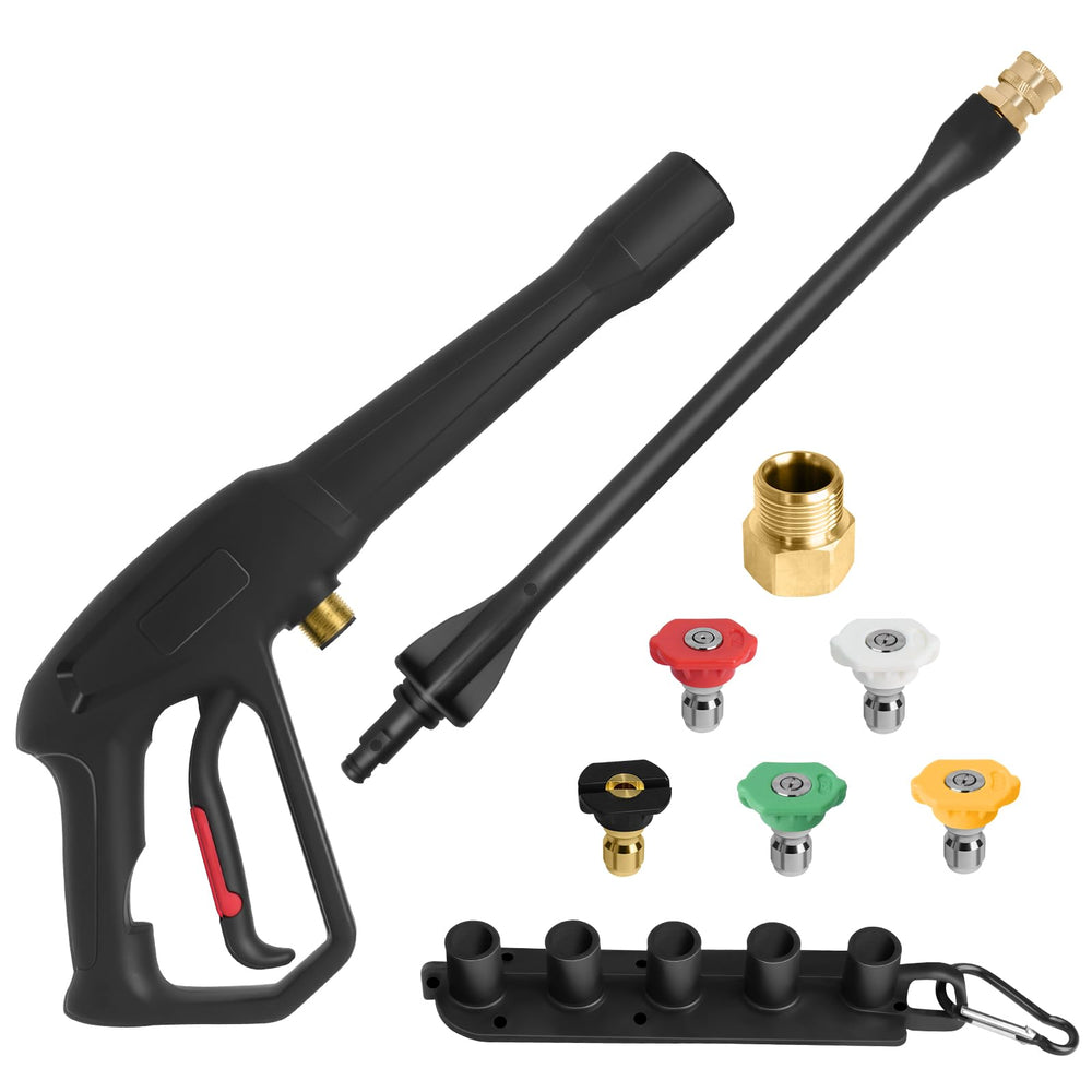 Abode pressure washer gun front view showing robust build and easy connection