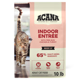 ACANA bolsa frontal Indoor Entrée mostrando ingredientes y tamaño 10 lb, nutrición concentrada