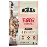 ACANA bolsa frontal 4 lb mostrando la fórmula Indoor Entrée y beneficio nutricional