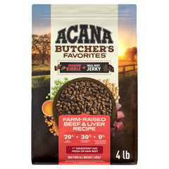 ACANA paquete frontal 4 lb mostrando receta y sin cereales, alta palatabilidad