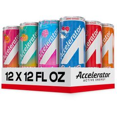 Accelerator pack frontal mostrando las 12 latas y variedad de sabores, ideal para probar opciones