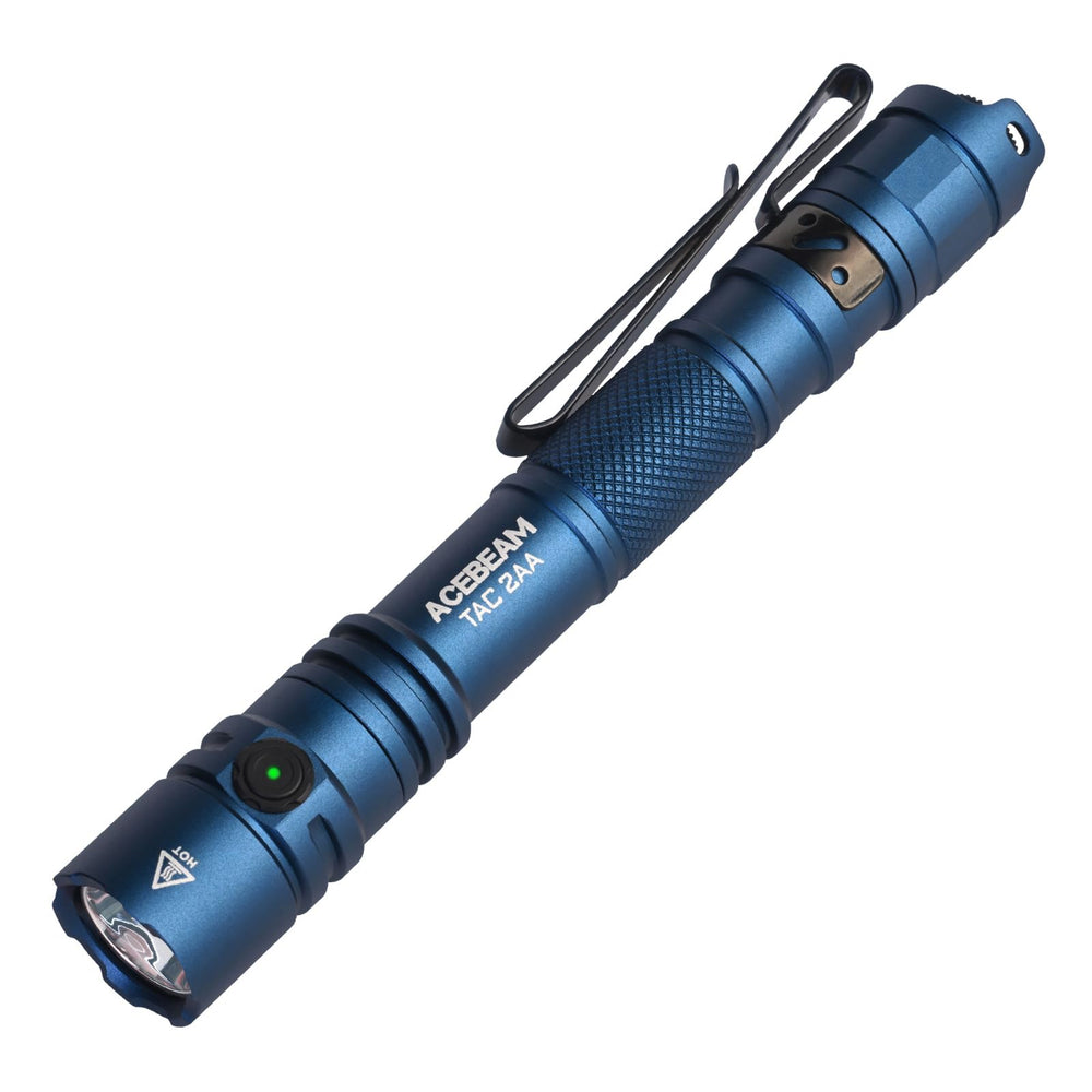ACEBEAM TAC 2AA frontal mostrando cuerpo compacto y clip, ideal para EDC