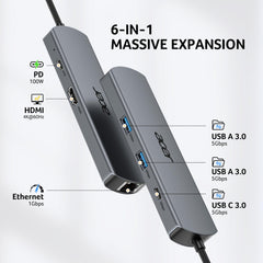 Acer detalle de los puertos USB-A, USB-C, HDMI y RJ45 para conectividad rápida