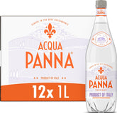 Acqua Panna front packaging 12-pack showing elegant label and recyclable benefit