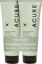 Acure set frontal mostrando botellas y beneficio de volumen ligero