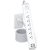 Addtam regleta frontal mostrando 6 tomas AC y 4 puertos USB, organiza dispositivos