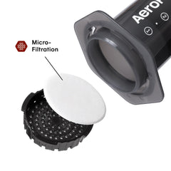 AeroPress primer plano del microfiltro, garantiza café sin posos