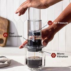 AeroPress detalle de la válvula en la tapa Flow Control para detener goteo rápido