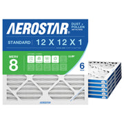 Aerostar front packaging showing six 12x12x1 filters for easy replacement