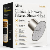 Afina shower head front view in brushed nickel showing sleek design and improved water feel