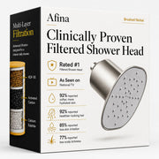 Afina shower head front view in brushed nickel showing sleek design and improved water feel