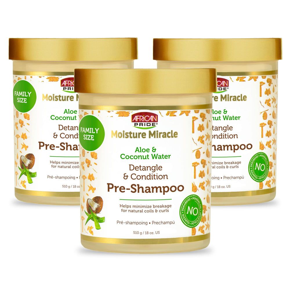 African Pride frontal del envase mostrando pre-shampoo hidratante y beneficios