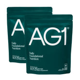 AG1 front packaging showing two tubs and product branding benefit convenience