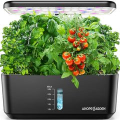 Ahopegarden front view showing ten pods and LED light, convenient countertop gardening
