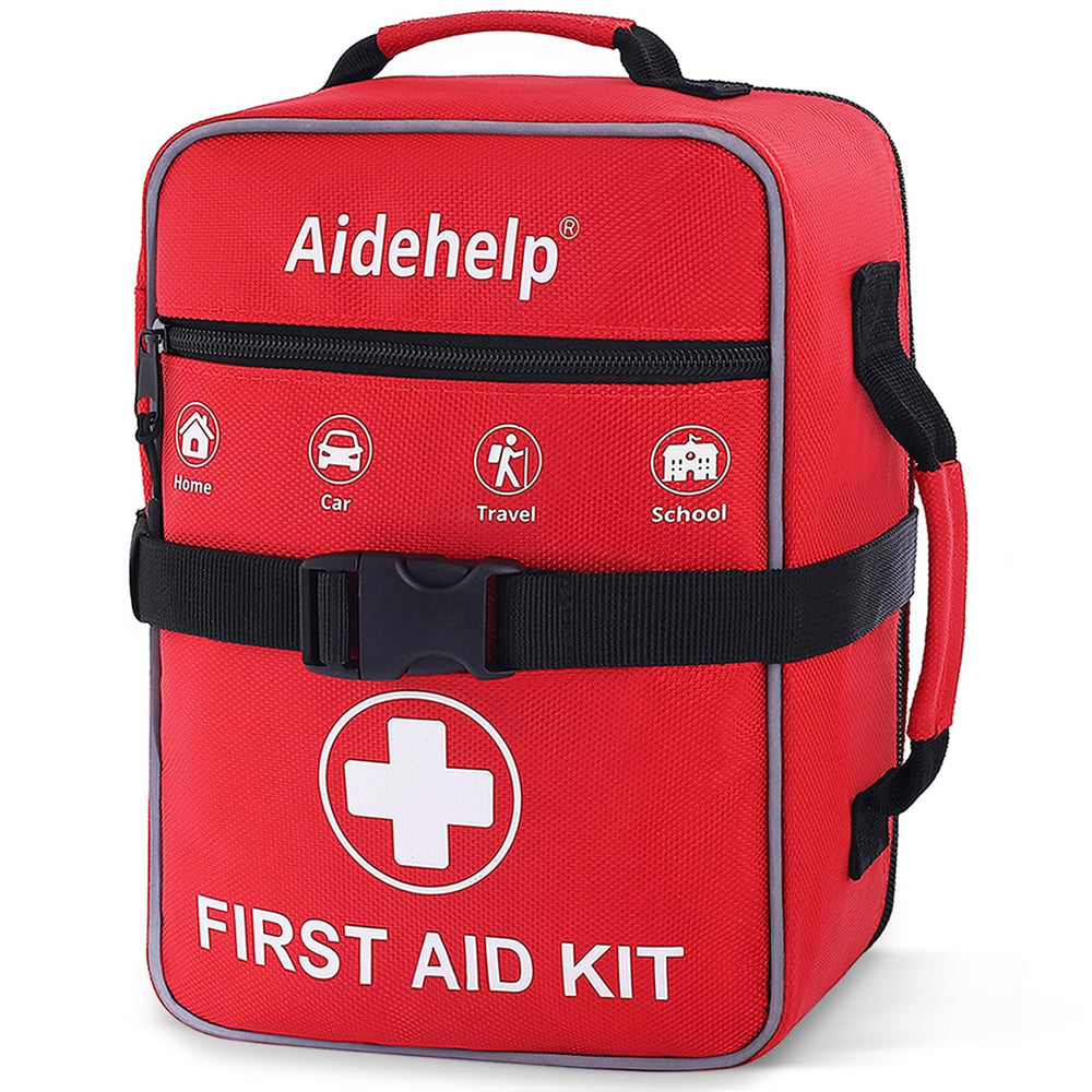 Aidehelp estuche frontal rojo mostrando cierre resistente y fácil acceso