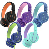 AILIHEN front view of five-pack headphones showing clean classroom-ready packaging and safe-volume benefit
