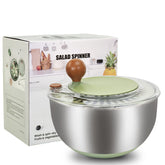 Ainmvnos front view stainless steel salad spinner showing sleek bowl and basket, durable design benefit