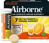 Airborne frente del envase mostrando 30 tabletas y sabor naranja Zesty
