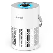 AirHub front view showing compact purifier and clean-air benefit