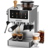 AIRMSEN front stainless steel espresso machine showing durable design and compact footprint