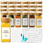 AISIPRIN front view of 24 glass spice jars showing clear containers and bamboo lids, neat storage benefit