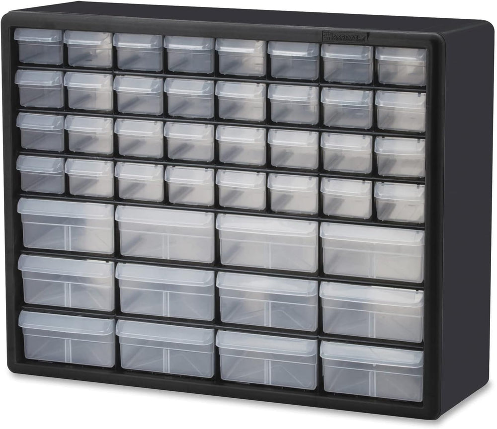 Akro-Mils front view of cabinet showing 44 drawers and space-saving design