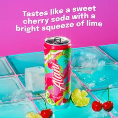 Alani Nu 24-pack of Cherry Twist cans stacked, convenient bulk supply for frequent use
