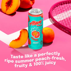 Alani Nu close-up peach splash highlighting juicy flavor and refreshing appeal