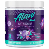 Alani Nu jar front view showing Cosmic Stardust flavor and benefits
