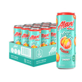 Alani Nu Juicy Peach front can showing branding and flavor, highlights refreshing taste