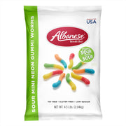 Albanese frente del empaque mostrando 4.5 lb y colores neón, ideal para eventos