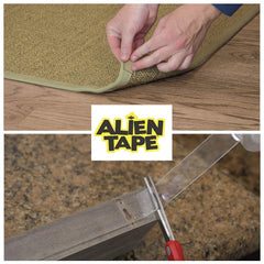 ALIEN TAPE holding outdoor decoration on siding, illustrating weatherproof mounting advantage