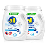 all free clear frente del envase mostrando 66 pacs por tubo y beneficios