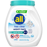 all Odor Relief vista frontal del envase mostrando 72 pacs, comodidad de almacenamiento