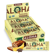 ALOHA box front view showing banana bread chocolate chip flavor and organic badge for appeal