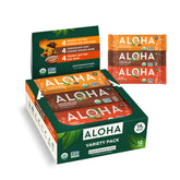 ALOHA box front showing variety pack and organic benefits for convenient protein