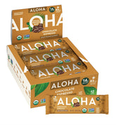 ALOHA front box of chocolate espresso bars showing organic credentials and benefits