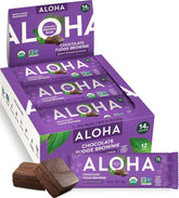 ALOHA box front view showing chocolate fudge brownie bars and organic label benefits