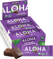 ALOHA box front view showing chocolate fudge brownie bars and organic label benefits