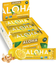 ALOHA front packaging showing lemon cashew bars and benefits