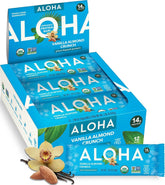 ALOHA front box showing organic vanilla almond crunch benefits