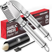 Alpha Grillers prensa de ajo frontal mostrando diseño robusto y mango ergonómico