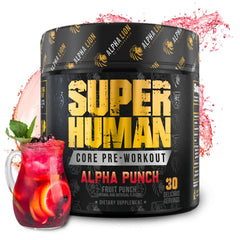 ALPHA LION envase frontal mostrando etiqueta y sabor Fruit Punch para elección clara