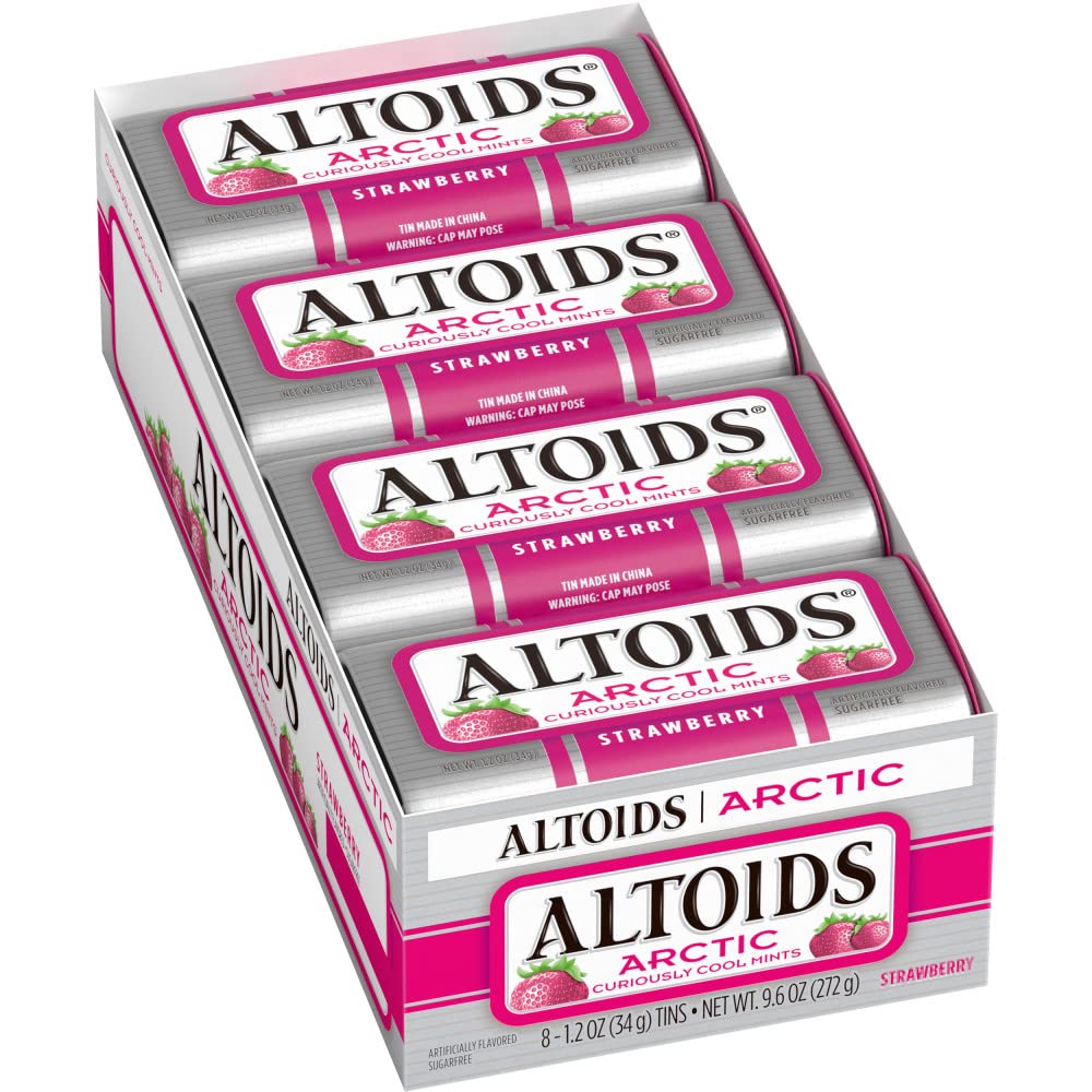 ALTOIDS tin front view showing brand and strawberry flavor for quick grab-and-go freshness