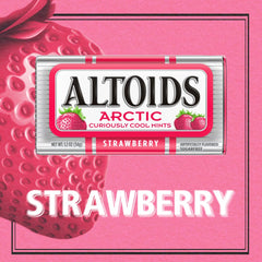 ALTOIDS open tin revealing Arctic Strawberry mints with easy portion control benefit