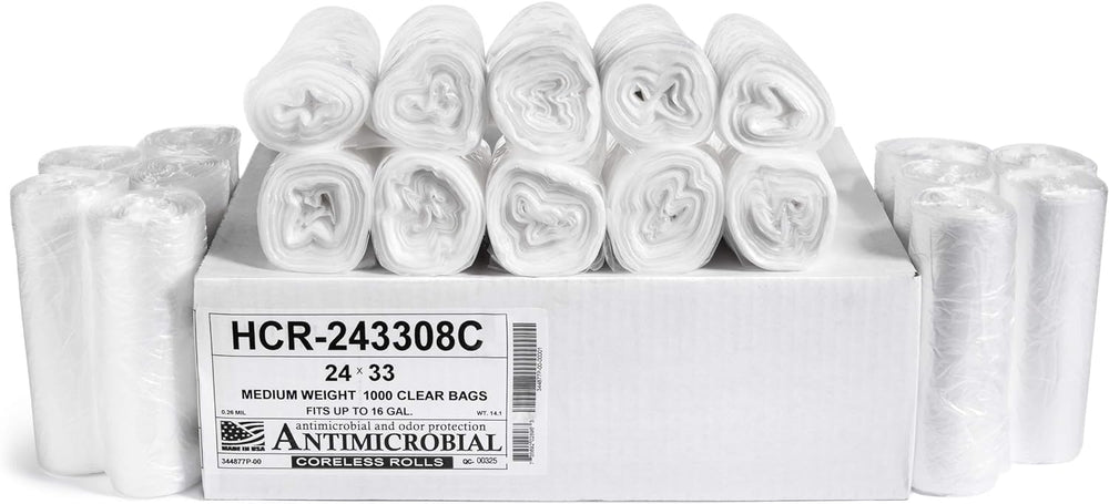 Aluf Plastics front packaging showing clear 24x33 bags and 1000 count for reliable supply