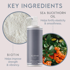 ALURAM envase 33.8 fl oz junto a mano para apreciar escala y rendimiento