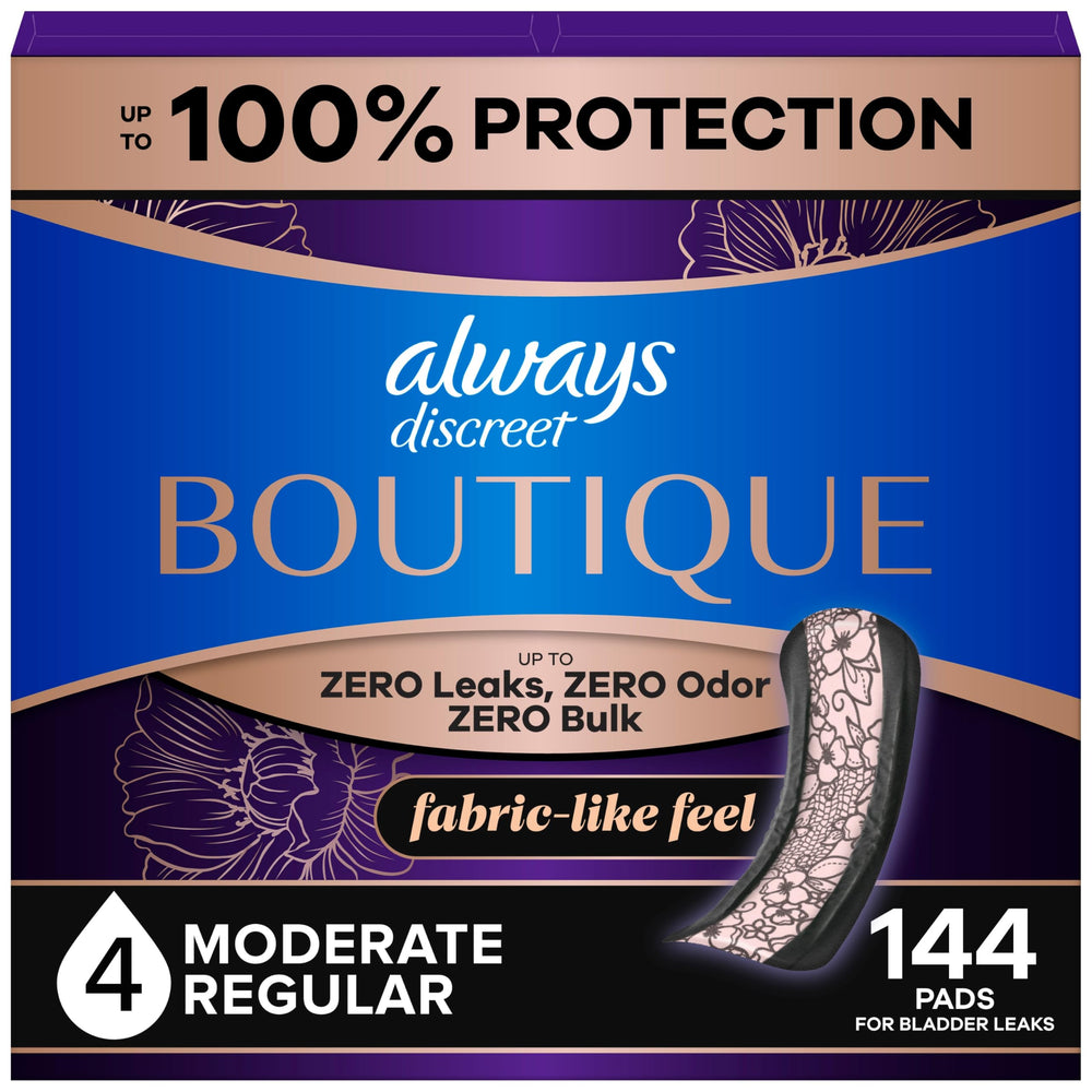 Always Discreet empaque frontal mostrando 144 unidades y beneficio de ahorro